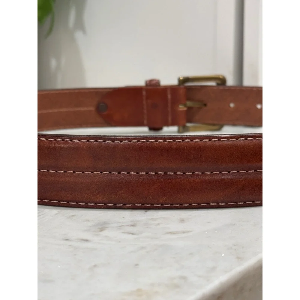 Genuine Leather Belt Mens 34 Brown Double Stitched Brass Buckle Rugged Western